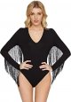 Women's Fringe Trim V Neck Long Sleeve Bodysuit