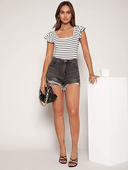 Women's Striped Butterfly Sleeve Tie Back Skinny Bodysuit