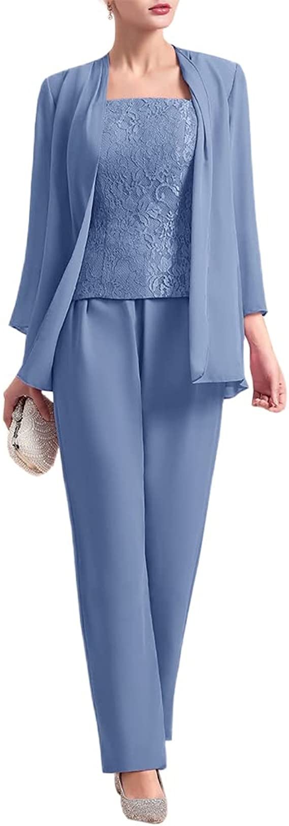 Women's Chiffon 3 Pcs Pants Suits Lace Mother of Bride Dress Sets Wedding Guest Formal Evening