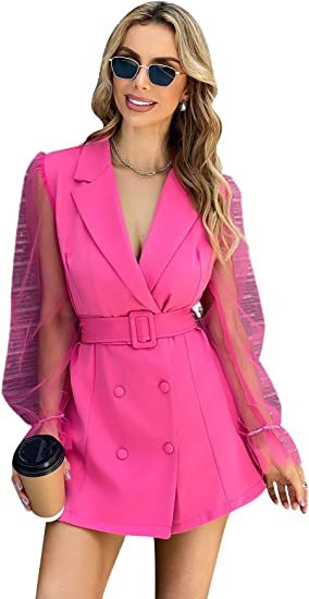 Women's Contrast Mesh Long Sleeve V Neck Elegant Blazer